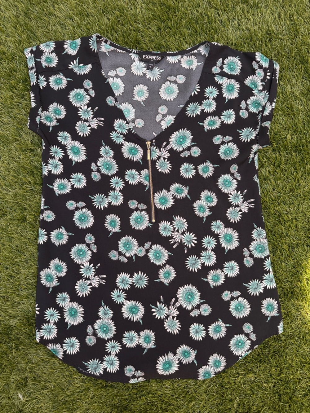 Express Black Floral Zip V-Neck Blouse with Teal Accents